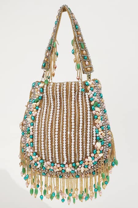 Shop_The Tan Clan_Gold Pearls, Beads Sona Embellished Potli _at_Aza_Fashions