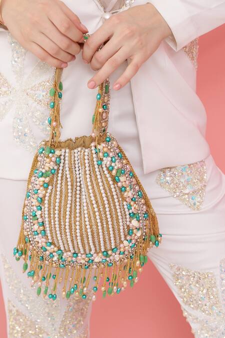 The Tan Clan_Gold Pearls, Beads Sona Embellished Potli _Online_at_Aza_Fashions