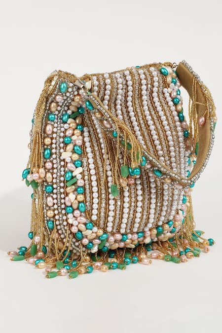 Buy_The Tan Clan_Gold Pearls, Beads Sona Embellished Potli _Online_at_Aza_Fashions