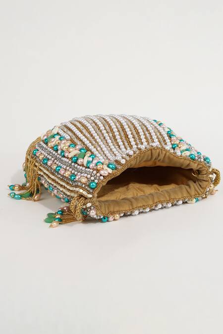 Shop_The Tan Clan_Gold Pearls, Beads Sona Embellished Potli _Online_at_Aza_Fashions