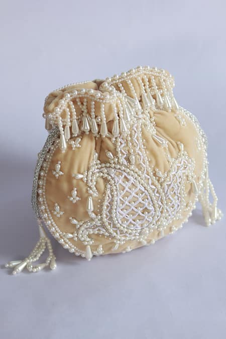 The Tan Clan_Beige Pearls Sukoon Hand Embellished Potli _Online_at_Aza_Fashions