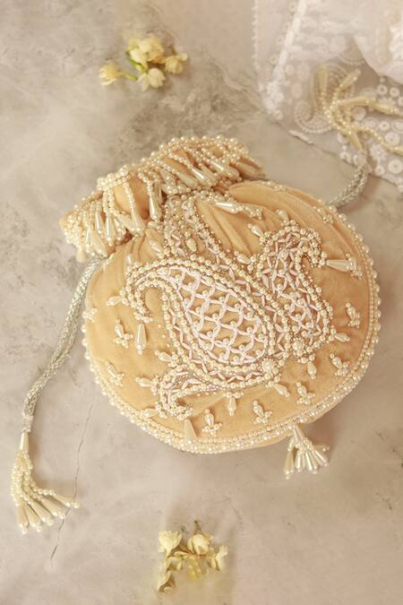 Buy_The Tan Clan_Beige Pearls Sukoon Hand Embellished Potli _Online_at_Aza_Fashions