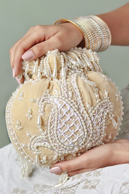 Shop_The Tan Clan_Beige Pearls Sukoon Hand Embellished Potli _Online_at_Aza_Fashions
