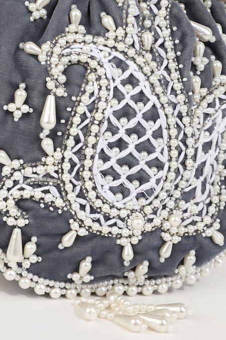 The Tan Clan_Grey Pearls Sukoon Hand Embellished Potli _Online_at_Aza_Fashions