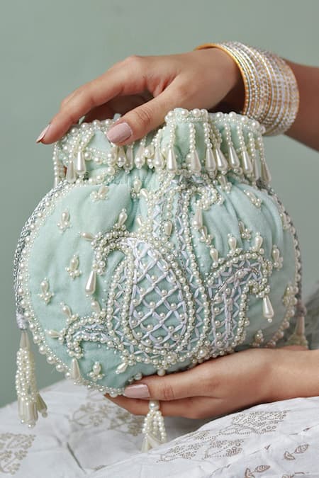 Buy_The Tan Clan_Blue Pearls Sukoon Embellished Potli _Online_at_Aza_Fashions