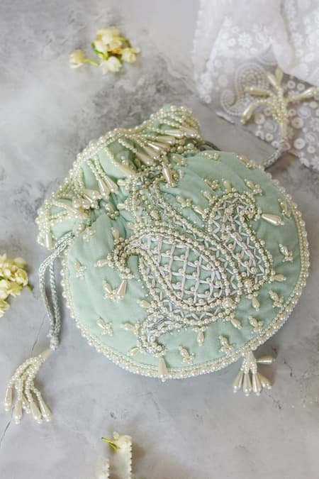 Shop_The Tan Clan_Blue Pearls Sukoon Embellished Potli _Online_at_Aza_Fashions