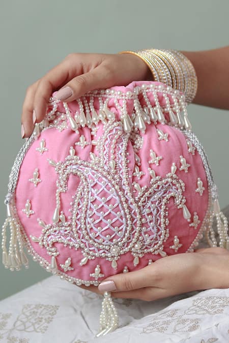 Buy_The Tan Clan_Pink Pearls Sukoon Hand Work Potli _Online_at_Aza_Fashions