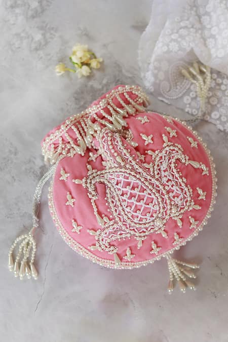 Shop_The Tan Clan_Pink Pearls Sukoon Hand Work Potli _Online_at_Aza_Fashions