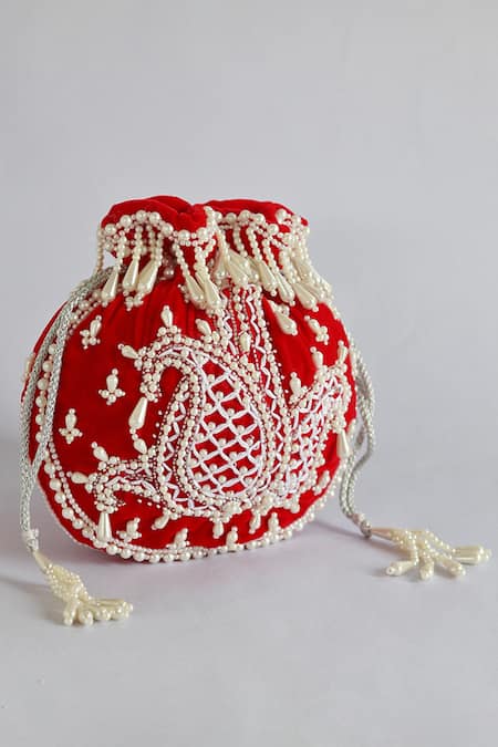 The Tan Clan_Red Pearls Sukoon Embellished Potli _Online_at_Aza_Fashions