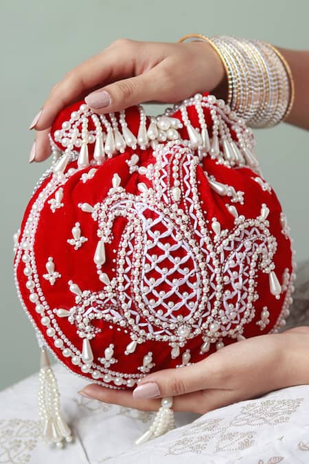 Buy_The Tan Clan_Red Pearls Sukoon Embellished Potli _Online_at_Aza_Fashions
