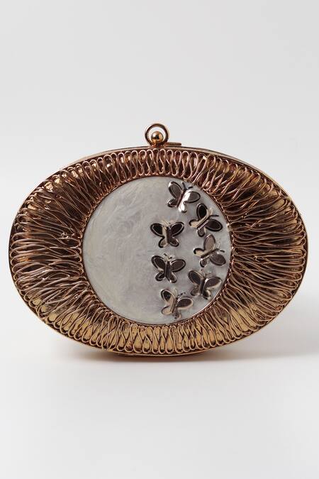 The Tan Clan_Gold Embroidery Titly Mother Of Pearl Embellished Clutch _Online_at_Aza_Fashions