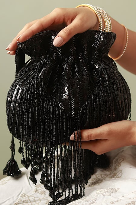 The Tan Clan_Black Beads Twinkle Embellished Potli _at_Aza_Fashions