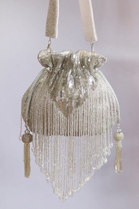 Shop The Tan Clan Silver Beads Twinkle Potli With Detachable Handle at Aza Fashions Shop_The Tan Clan_Silver Beads Twinkle Potli With Detachable Handle _at_Aza_Fashions