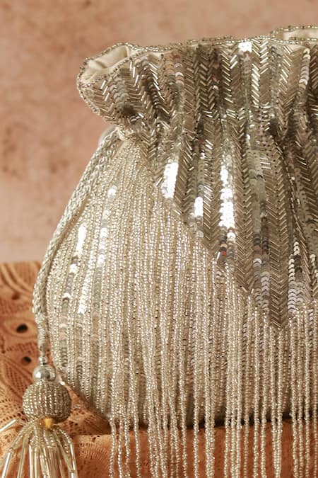 The Tan Clan Silver Beads Twinkle Potli With Detachable Handle Online at Aza Fashions The Tan Clan_Silver Beads Twinkle Potli With Detachable Handle _Online_at_Aza_Fashions