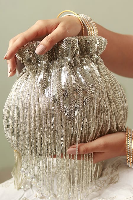 Shop The Tan Clan Silver Beads Twinkle Potli With Detachable Handle Online at Aza Fashions Shop_The Tan Clan_Silver Beads Twinkle Potli With Detachable Handle _Online_at_Aza_Fashions