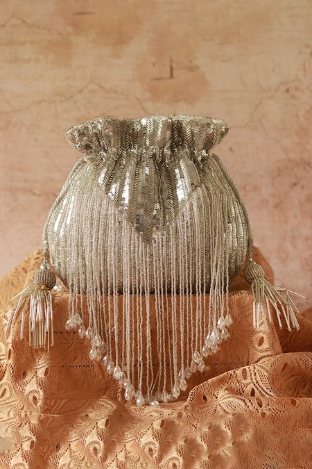 The Tan Clan Silver Beads Twinkle Potli With Detachable Handle at Aza Fashions The Tan Clan_Silver Beads Twinkle Potli With Detachable Handle _at_Aza_Fashions