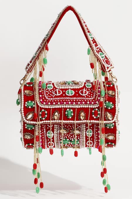The Tan Clan_Red Pearls, Beads Wedlock Embellished Clutch With Detachable Handle_Online_at_Aza_Fashions
