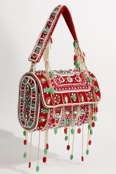 Buy_The Tan Clan_Red Pearls, Beads Wedlock Embellished Clutch With Detachable Handle_Online_at_Aza_Fashions