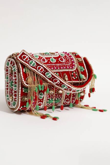 Shop_The Tan Clan_Red Pearls, Beads Wedlock Embellished Clutch With Detachable Handle_Online_at_Aza_Fashions