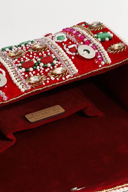 The Tan Clan_Red Pearls, Beads Wedlock Embellished Clutch With Detachable Handle_at_Aza_Fashions
