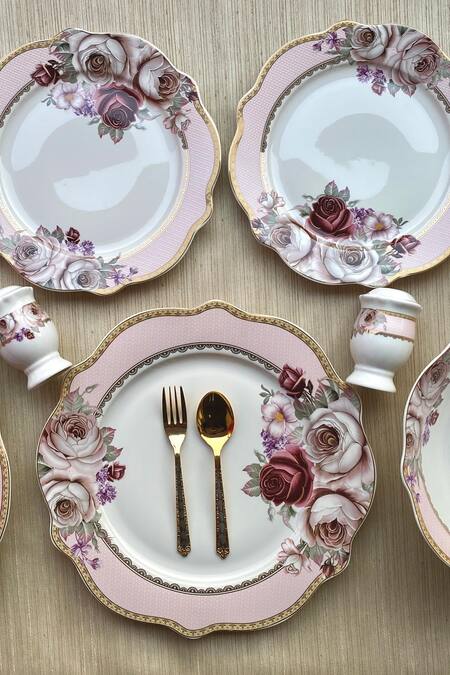 Vigneto_Pink Finest Premium Porcelain Rose Garden Embossed Dinner Set_Online_at_Aza_Fashions