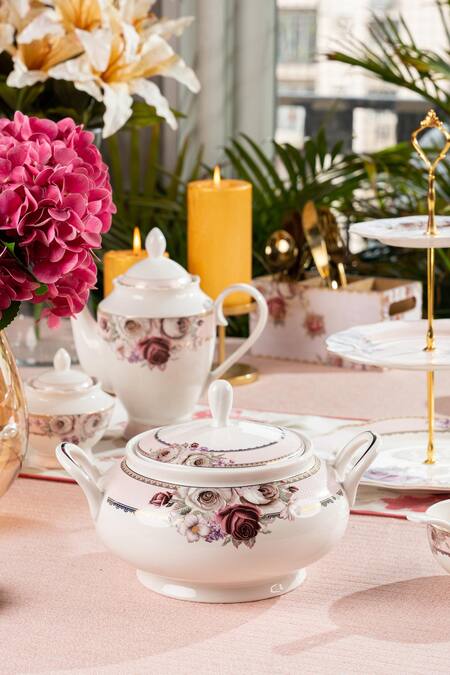 Buy_Vigneto_Pink Finest Premium Porcelain Rose Garden Embossed Dinner Set_Online_at_Aza_Fashions