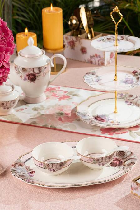 Shop_Vigneto_Pink Finest Premium Porcelain Rose Garden Embossed Dinner Set_Online_at_Aza_Fashions