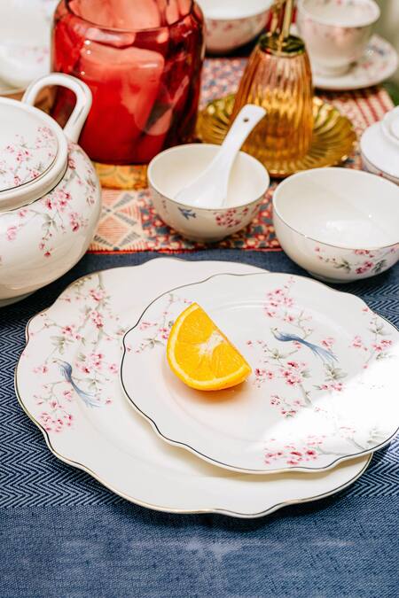 Shop_Vigneto_Multi Color Finest Premium Porcelain Orchids And Peacock Pattern Bliss Dinner Set_Online_at_Aza_Fashions