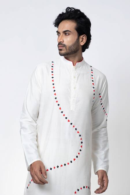 Priyanka Haralalka Off White Cotton, Silk Embroidery Cards Poker Theme Kurta And Pyjama Set at Aza Fashions Priyanka Haralalka_Off White Cotton, Silk Embroidery Cards Poker Theme Kurta And Pyjama Set _at_Aza_Fashions