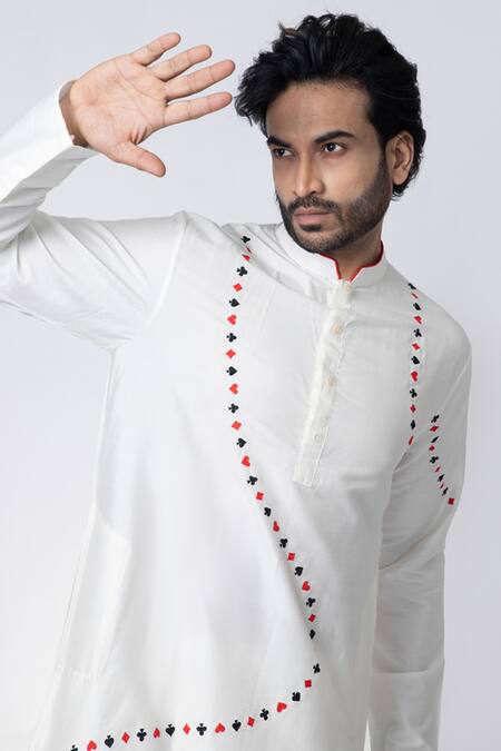 Buy Priyanka Haralalka Off White Cotton, Silk Embroidery Cards Poker Theme Kurta And Pyjama Set Buy_Priyanka Haralalka_Off White Cotton, Silk Embroidery Cards Poker Theme Kurta And Pyjama Set