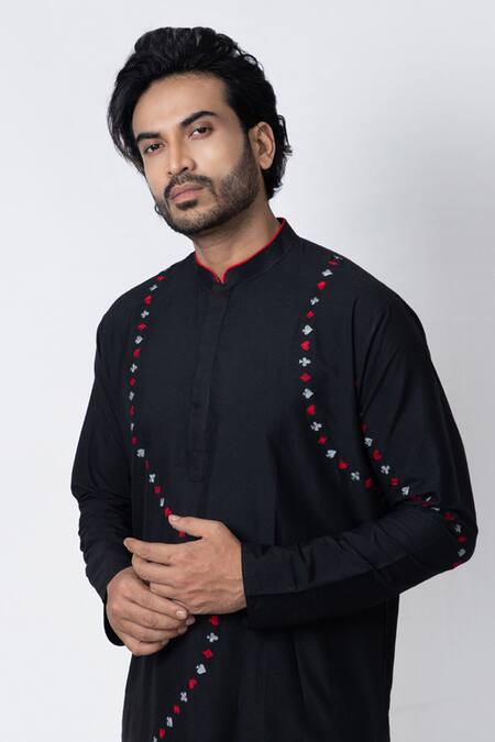 Shop Priyanka Haralalka Black Cotton, Silk Embroidery Cards Poker Theme Kurta And Pyjama Set Online at Aza Fashions Shop_Priyanka Haralalka_Black Cotton, Silk Embroidery Cards Poker Theme Kurta And Pyjama Set _Online_at_Aza_Fashions