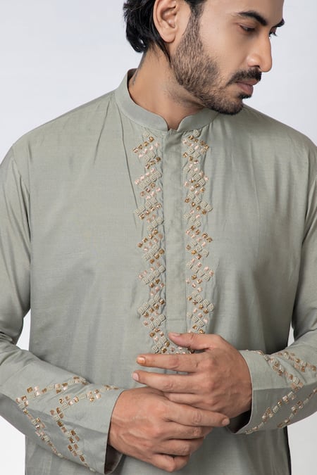 Shop_Priyanka Haralalka_Grey Cotton, Silk Embroidery Straight Zardosi Kurta And Pyjama Set _Online_at_Aza_Fashions