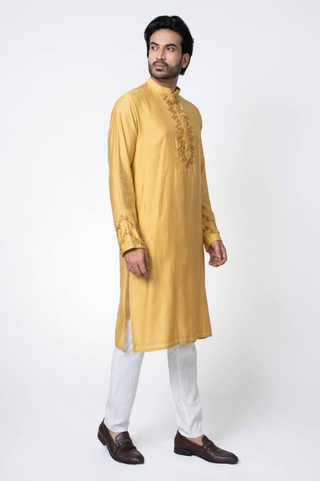 Priyanka Haralalka_Yellow Cotton, Silk Zari Zardosi Embroidered Kurta And Pyjama Set _Online_at_Aza_Fashions