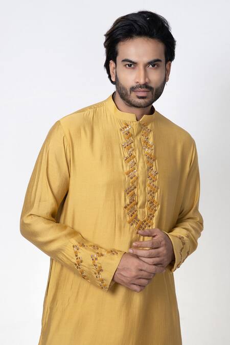 Buy_Priyanka Haralalka_Yellow Cotton, Silk Zari Zardosi Embroidered Kurta And Pyjama Set _Online_at_Aza_Fashions