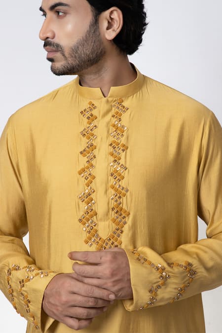 Shop_Priyanka Haralalka_Yellow Cotton, Silk Zari Zardosi Embroidered Kurta And Pyjama Set _Online_at_Aza_Fashions