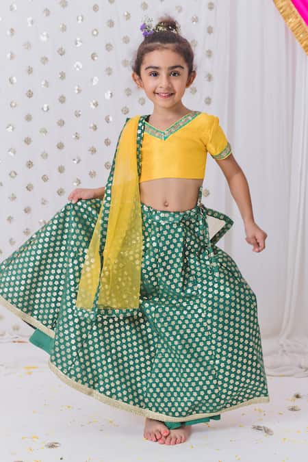 Buy_Tiny Pants_Green Chanderi, Net Sequins Floral Motif Pattern Lehenga Blouse Set _Online_at_Aza_Fashions