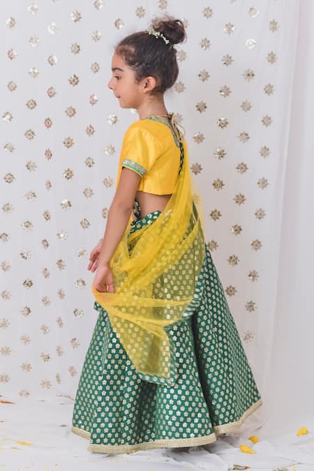 Shop_Tiny Pants_Green Chanderi, Net Sequins Floral Motif Pattern Lehenga Blouse Set _Online_at_Aza_Fashions