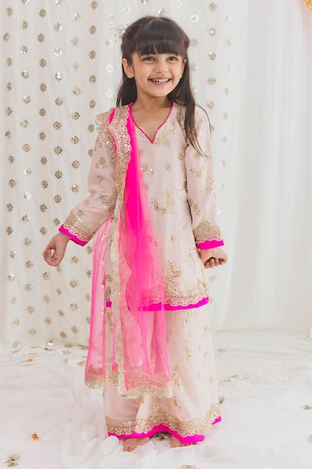 TINY PANTS Pink Georgette Embroidery Sequin Bloom Kurta Sharara Set 