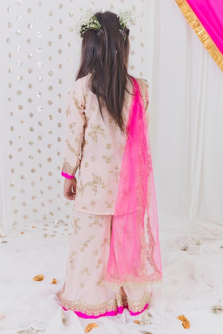 Shop_Tiny Pants_Pink Georgette, Net Sequins Bloom Embroidered Kurta Sharara Set _at_Aza_Fashions