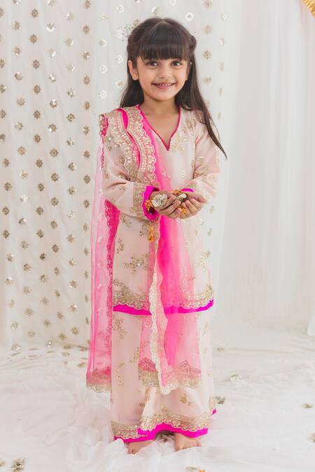 Tiny Pants_Pink Georgette, Net Sequins Bloom Embroidered Kurta Sharara Set _Online_at_Aza_Fashions
