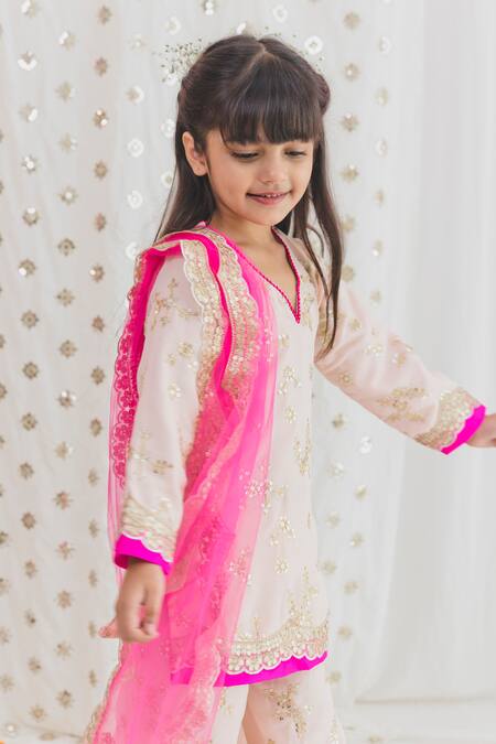 Buy_Tiny Pants_Pink Georgette, Net Sequins Bloom Embroidered Kurta Sharara Set _Online_at_Aza_Fashions