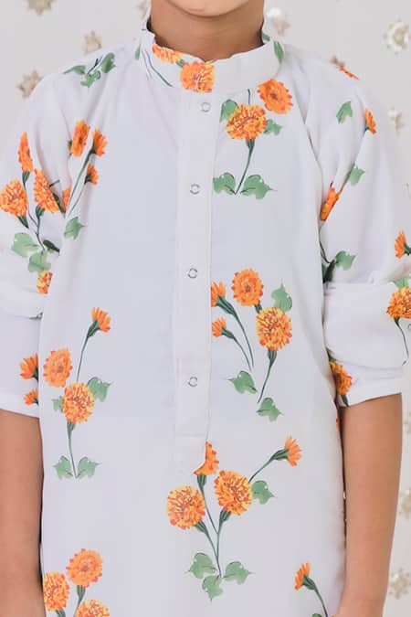 Tiny Pants_White Cotton, Georgette Embroidery Marigold Pattern Kurta Set _Online_at_Aza_Fashions