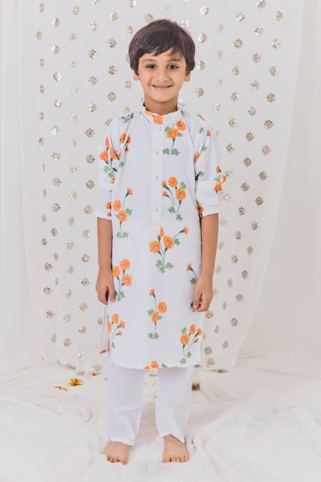 Buy_Tiny Pants_White Cotton, Georgette Embroidery Marigold Pattern Kurta Set _Online_at_Aza_Fashions