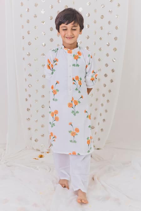 Shop_Tiny Pants_White Cotton, Georgette Embroidery Marigold Pattern Kurta Set _Online_at_Aza_Fashions