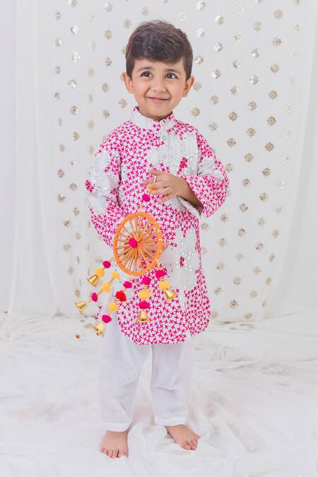 Tiny Pants_Pink Cotton, Georgette Mirrors Mosaic Flora Work Kurta Set _Online_at_Aza_Fashions