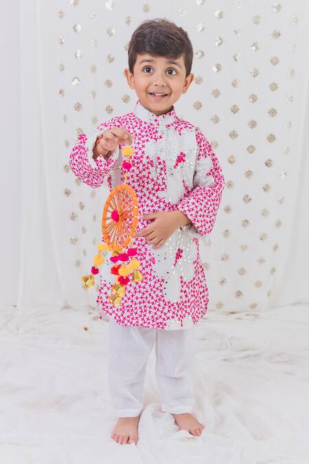 Buy_Tiny Pants_Pink Cotton, Georgette Mirrors Mosaic Flora Work Kurta Set _Online_at_Aza_Fashions