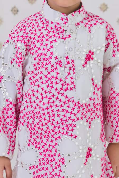 Shop_Tiny Pants_Pink Cotton, Georgette Mirrors Mosaic Flora Work Kurta Set _Online_at_Aza_Fashions