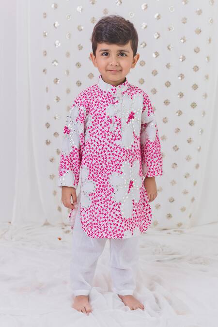 Tiny Pants_Pink Cotton, Georgette Mirrors Mosaic Flora Work Kurta Set _at_Aza_Fashions