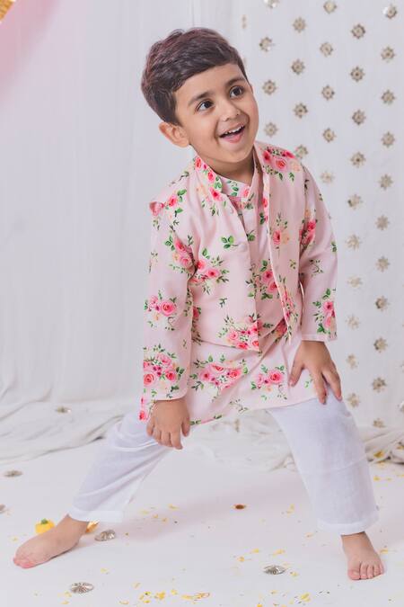 Tiny Pants_Peach Cotton Rosa Bloom Bundi Kurta Set _Online_at_Aza_Fashions