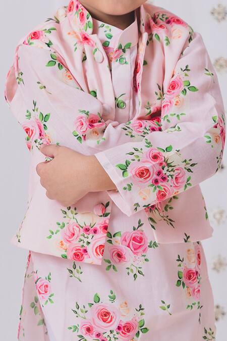 Shop_Tiny Pants_Peach Cotton Rosa Bloom Bundi Kurta Set _Online_at_Aza_Fashions